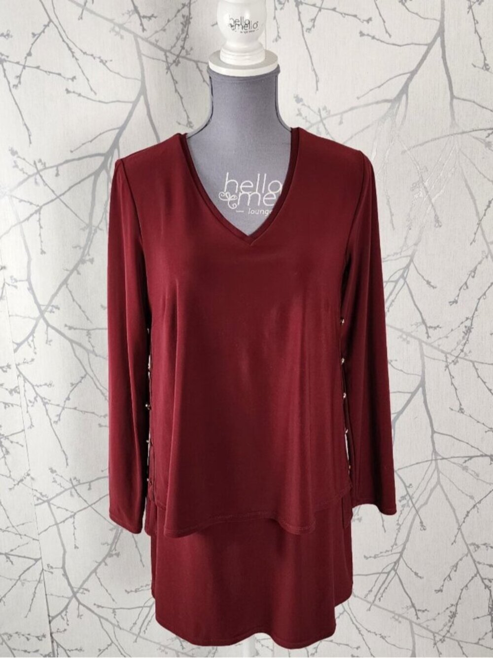 Cartise Dark Red Stretch Jersey Knit V-Neck Tiered Tunic